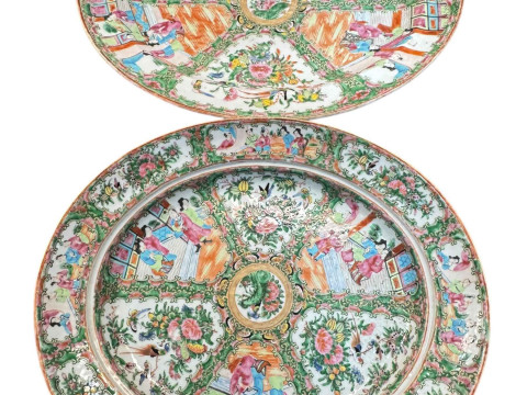 Two large oval Cantonese chargers with floral and figural patterns, 47cm...