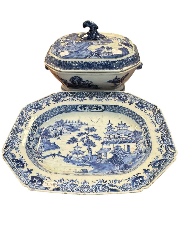 Chinese blue and white tureen and meat plate.