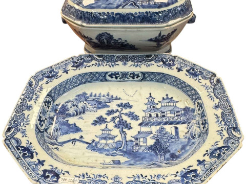 Chinese blue and white tureen and meat plate.