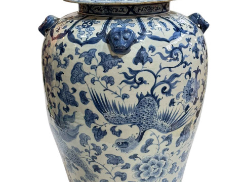 Large Chinese blue and white porcelain vase and cover decorated with Phoenix and Dragons, the lid mounted with dog of fo, 60cm. thumbnail