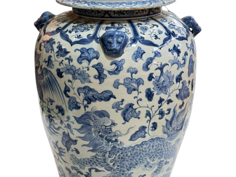 Large Chinese blue and white porcelain vase and cover decorated with Phoenix...