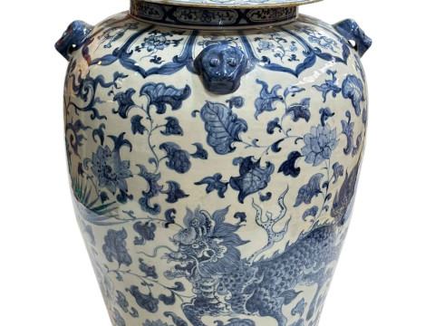 Large Chinese blue and white porcelain vase and cover decorated with Phoenix and Dragons, the lid mounted with dog of fo, 60cm. thumbnail