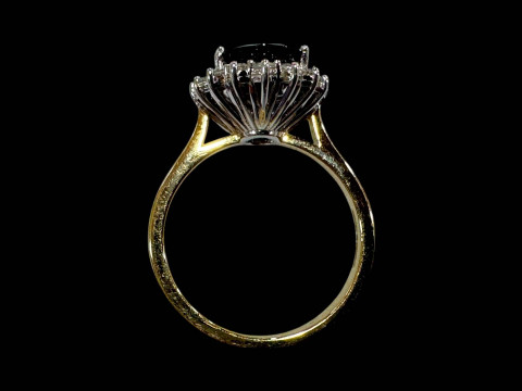 18 carat white gold oval sapphire and diamond cluster ring, the oval sapphire totalling over 3.5 carats, size N. thumbnail