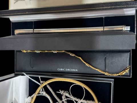 Five silver bracelets (3 boxed), silver bangle and silver necklaces.