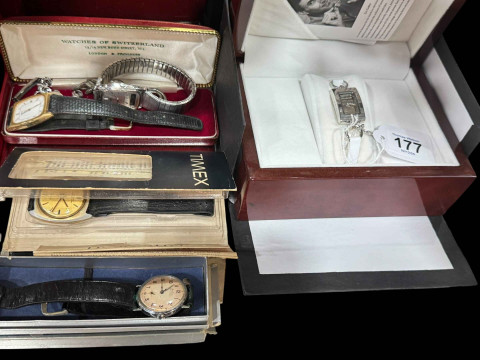 Collection of seven vintage wristwatches, together with pens including...