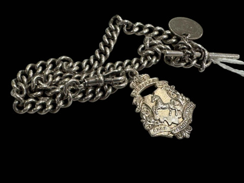 Silver double albert with medal and 1898 coin.