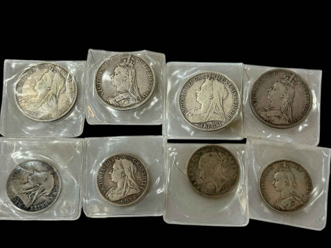 Four Victoria crowns, 1897, 1898, 1899 x 2, and four Victoria half crowns.