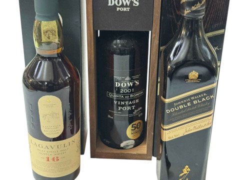 Lagavulin 16 year single malt whisky, Johnnie Walker Double Black, Dows...