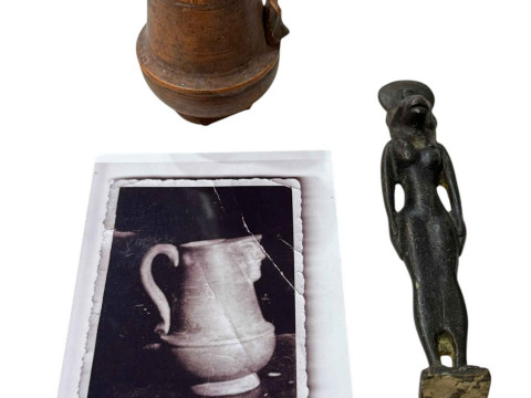 Old Etruscan oiling jug with relative photo, and bronze Egyptian Ushabti...
