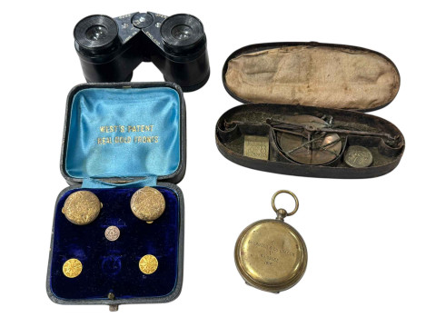 Two 18 carat gold collar studs, gold 'front' buttons, WWI pocket compass,...