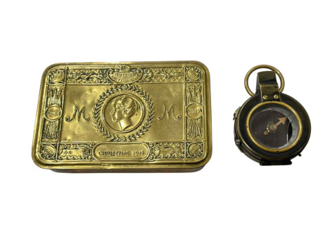 WWI Christmas tin and WWI compass.