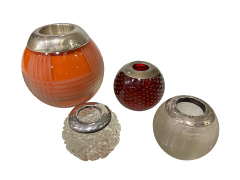 Four silver mounted glass match strikers, largest 11.5cm.