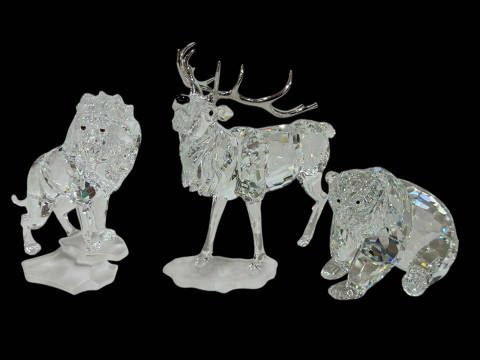 Swarovski Crystal Stag, Bear and Lion, all boxed.