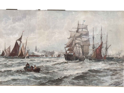 Thomas Bush Hardy 1842-1897, Boats on a Choppy Sea, watercolour, signed lower right, 32cm by 57cm, framed. thumbnail