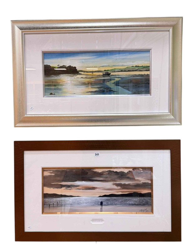 Digby Page, Perfect Day and Moonlit Estuary, two paintings, both signed lower right, 23.5cm by 59cm, framed.
