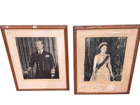 Pair oak framed photographs of Queen Elizabeth II and Prince Philip, both...