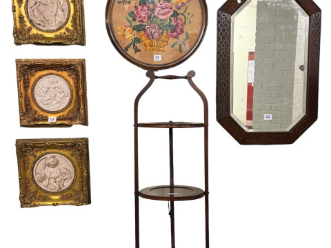 Edwardian mahogany and line inlaid three tier folding cakestand, octagonal...