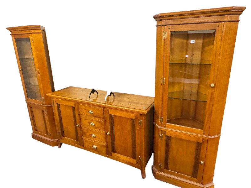 Contemporary two door sideboard, 91cm by 150cm by 45cm and matching illuminated glazed door top standing corner cabinets 179cm.