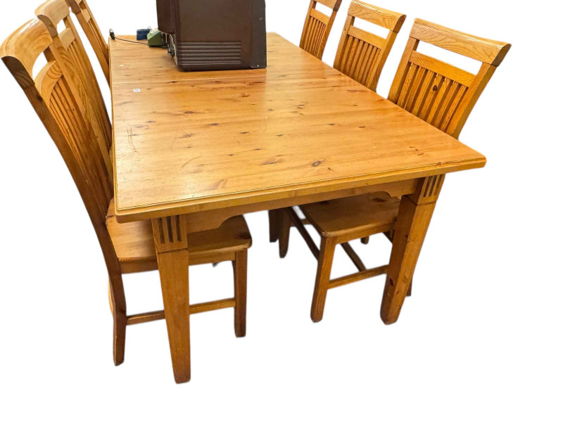 Suite of pine dining/kitchen furniture comprising four door dresser, two door dresser, rectangular extending dining table and leaf and six dining chairs (9).