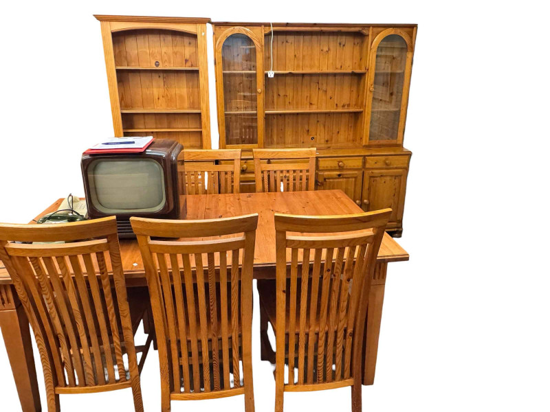 Suite of pine dining/kitchen furniture comprising four door dresser, two door dresser, rectangular extending dining table and leaf and six dining chairs (9).