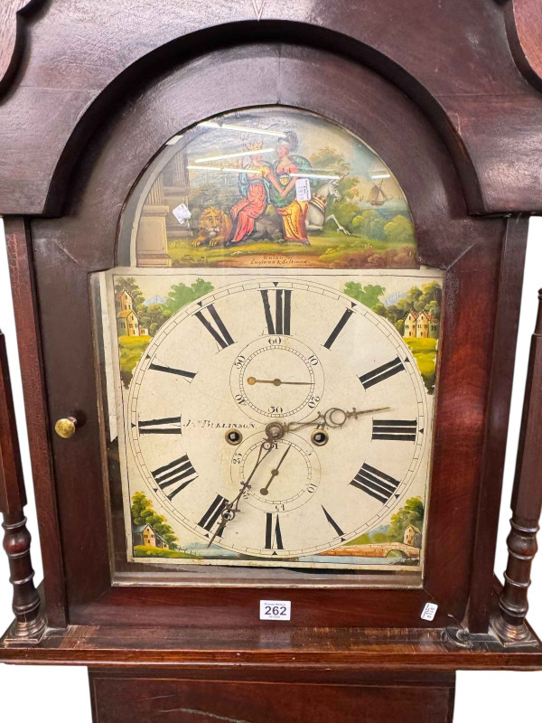 Antique oak, mahogany and line inlaid eight day longcase clock having painted arched dial, 231cm.