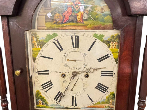 Antique oak, mahogany and line inlaid eight day longcase clock having painted arched dial, 231cm. thumbnail