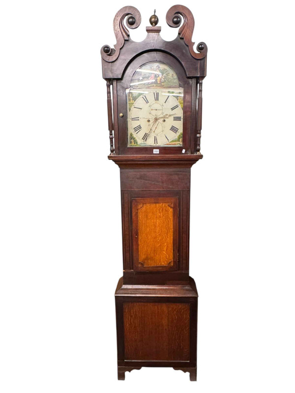 Antique oak, mahogany and line inlaid eight day longcase clock having painted arched dial, 231cm.