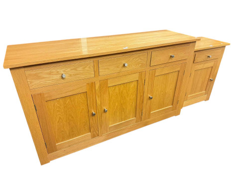 Light oak three door sideboard 87cm by 151cm by 46cm and matching pedestal...