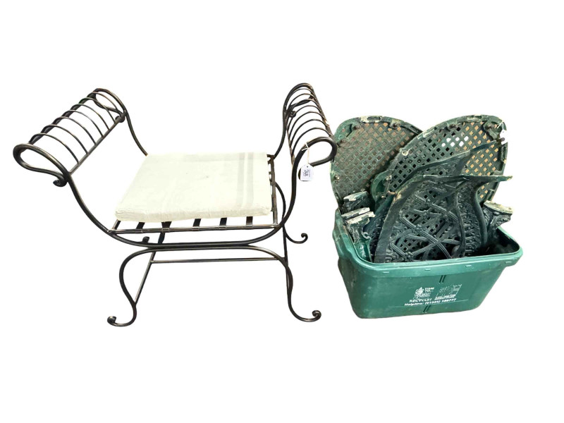 Aluminium garden love seat (to assemble) and wrought iron window stool (2).