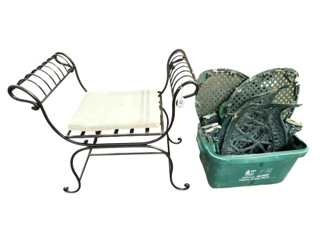 Aluminium garden love seat (to assemble) and wrought iron window stool...