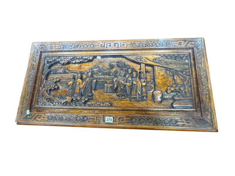 Rectangular Oriental carved coffee table with frieze drawer, 39cm by 99cm by 43cm.