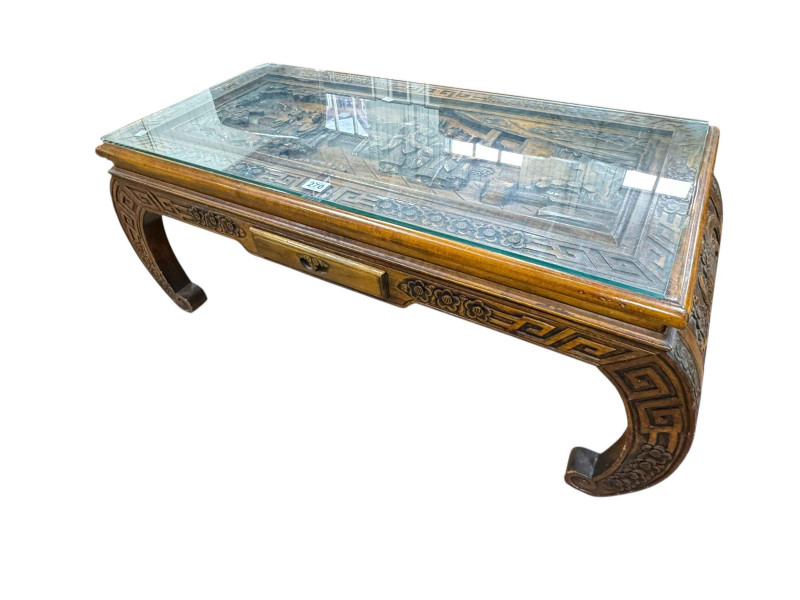 Rectangular Oriental carved coffee table with frieze drawer, 39cm by 99cm by 43cm.