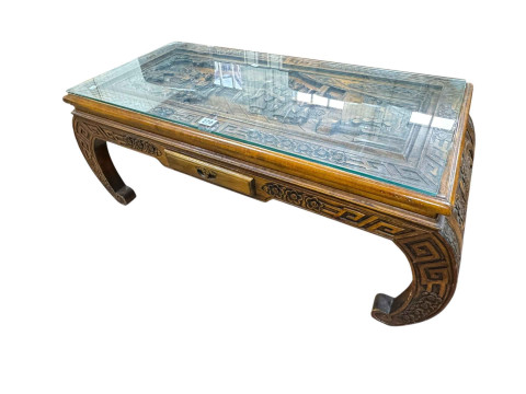 Rectangular Oriental carved coffee table with frieze drawer, 39cm by 99cm...