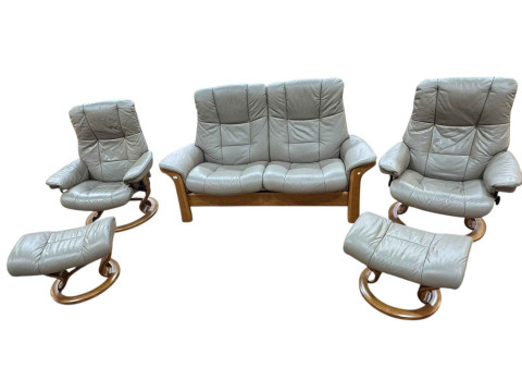 Ekornes Stressless taupe leather five piece lounge suite comprising reclining...