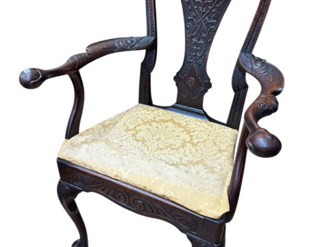 Set of five Georgian carved mahogany pad foot dining chairs together with a similar carver chair (6). thumbnail