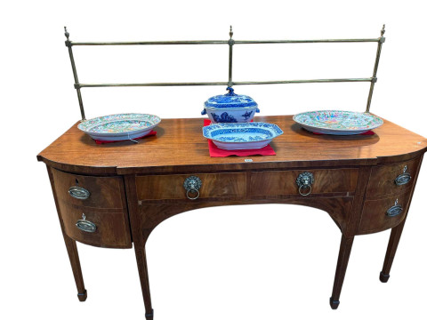 George III mahogany breakfront sideboard having brass rail back and on...