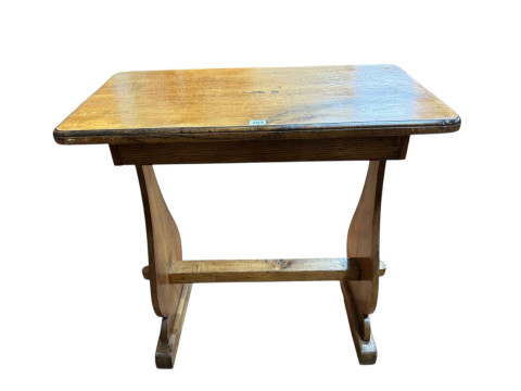 Victorian oak side table on lyre supports, 81cm by 82cm by 45cm.