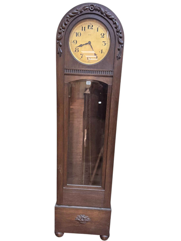 1920's/30's oak dome topped double weight chiming longcase clock, 196cm.