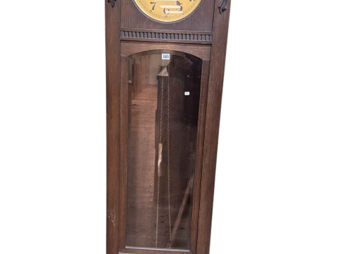 1920's/30's oak dome topped double weight chiming longcase clock, 196cm.