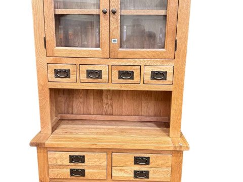 As new light oak glazed door top dresser, 200cm by 100cm by 45cm.