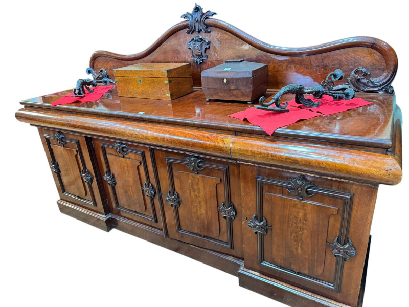 Victorian mahogany chiffonier sideboard having raised back and three bow front drawers above a four door inverted breakfront base, 153cm by 238cm by 73cm.