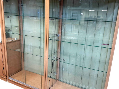 Pair beech finish sliding glazed door illuminated shop display cabinets,...