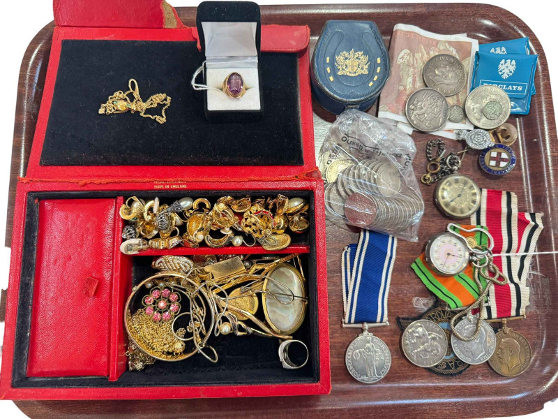 9 carat gold amethyst ring, costume jewellery, coins, medals, silver and other fob watches, etc.