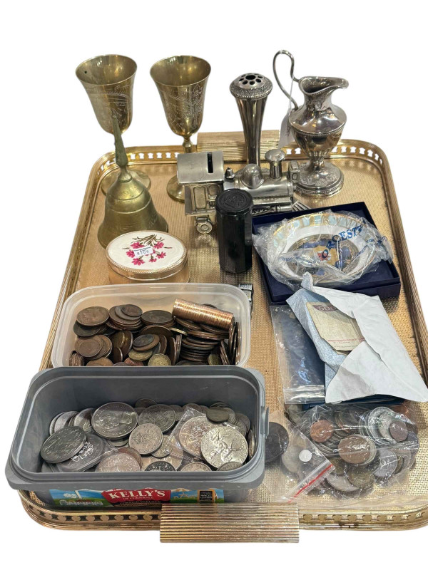 Assorted coins, Royal Worcester dish, brass and metalwares.