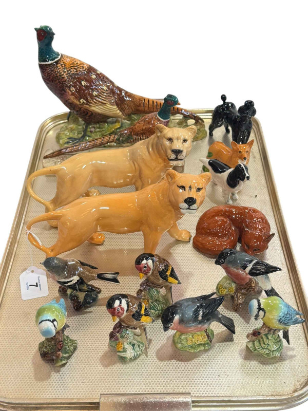 Two Beswick Lioness's, two Pheasants, three Dogs, Fox and seven Birds.