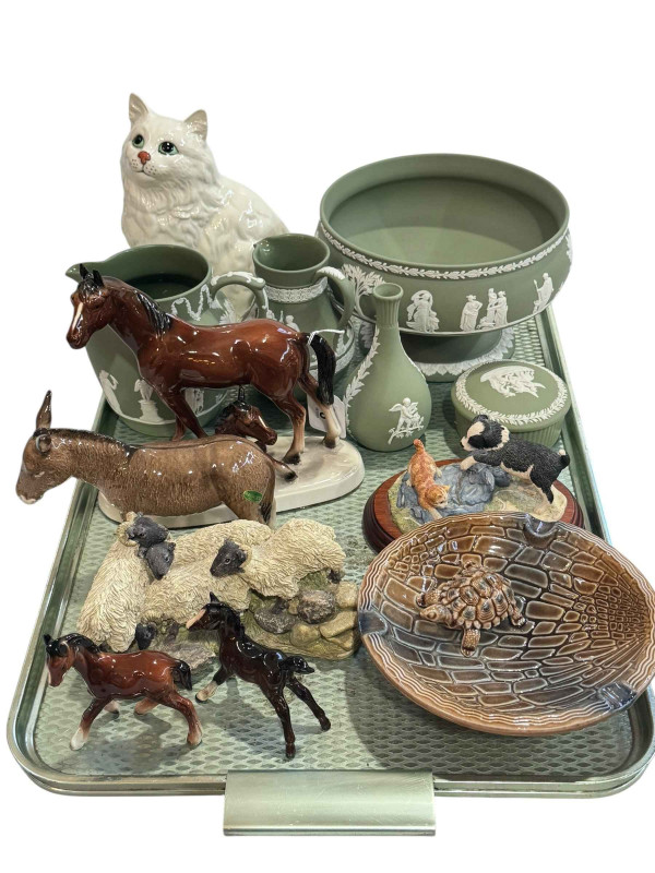 Wedgwood Green Jasperware bowl, two jugs, vase and trinket box, Beswick Cat, Donkey, two Foals, Wade Tortoise bowl, etc.