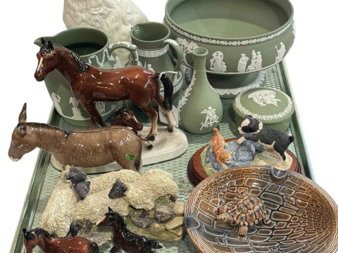 Wedgwood Green Jasperware bowl, two jugs, vase and trinket box, Beswick...