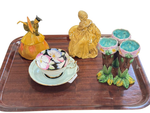 Majolica triple spill vase, two Wade figures and Paragon cup and saucer.