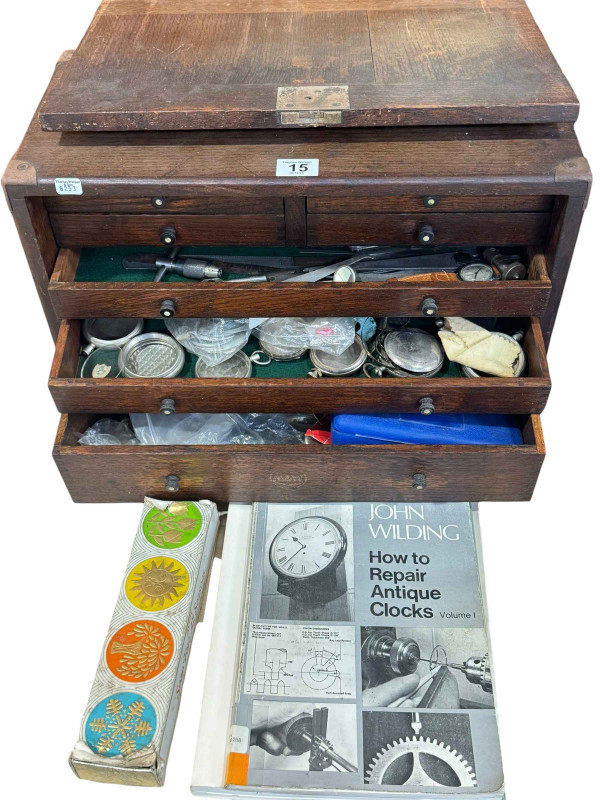 Vintage Watchmakers cabinet, watches, accessories and books.