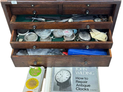 Vintage Watchmakers cabinet, watches, accessories and books.